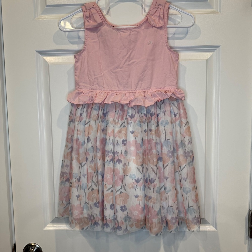 Calvin Klein Jeans Girls Pink Floral Tulle Dress Size 8